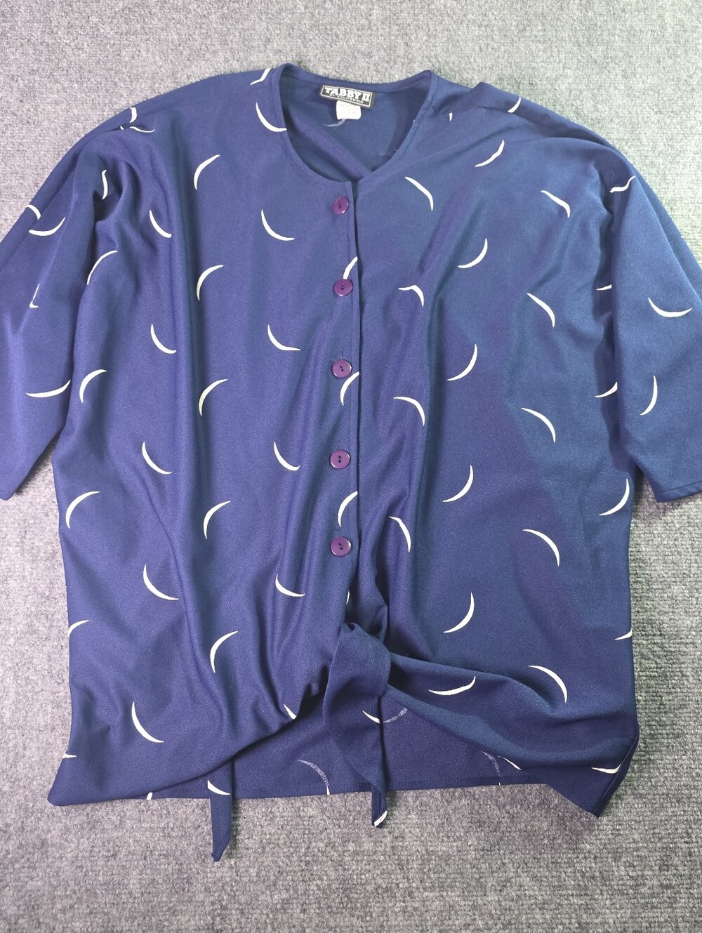 Vintage Navy Button-Front Blouse with Crescent Moon Print